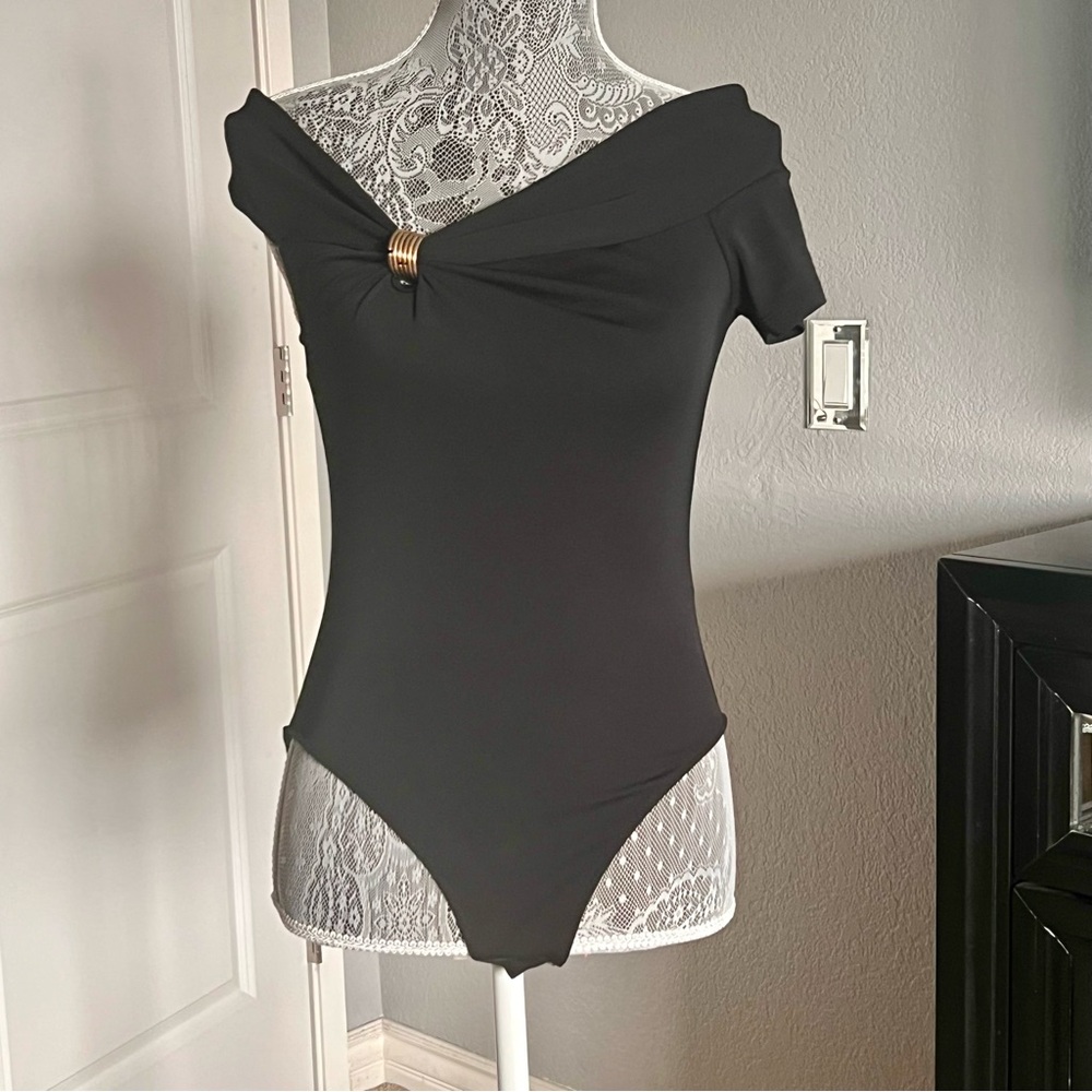 Asymmetrical Shoulder Gold Accent Women's Bodysuit